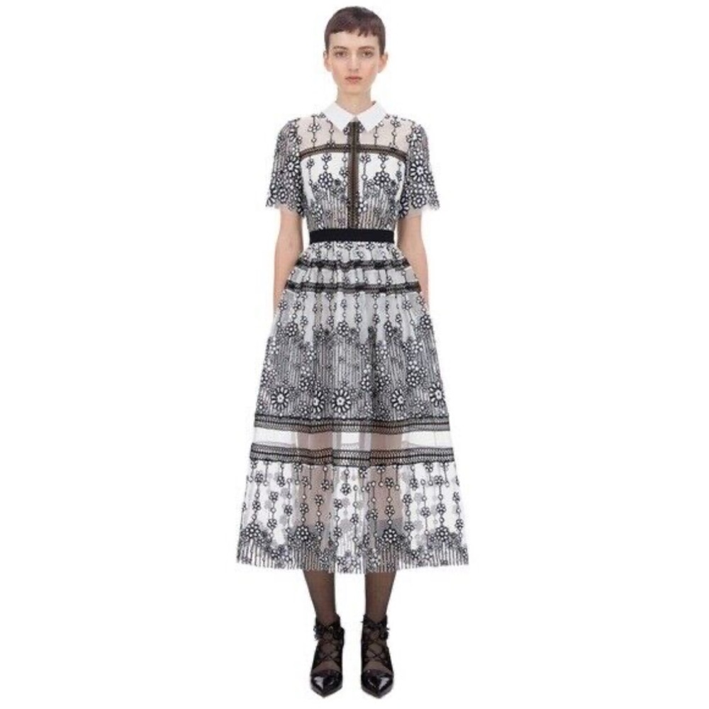 Self-Portrait White and Black Sequin Mesh Midi Dress